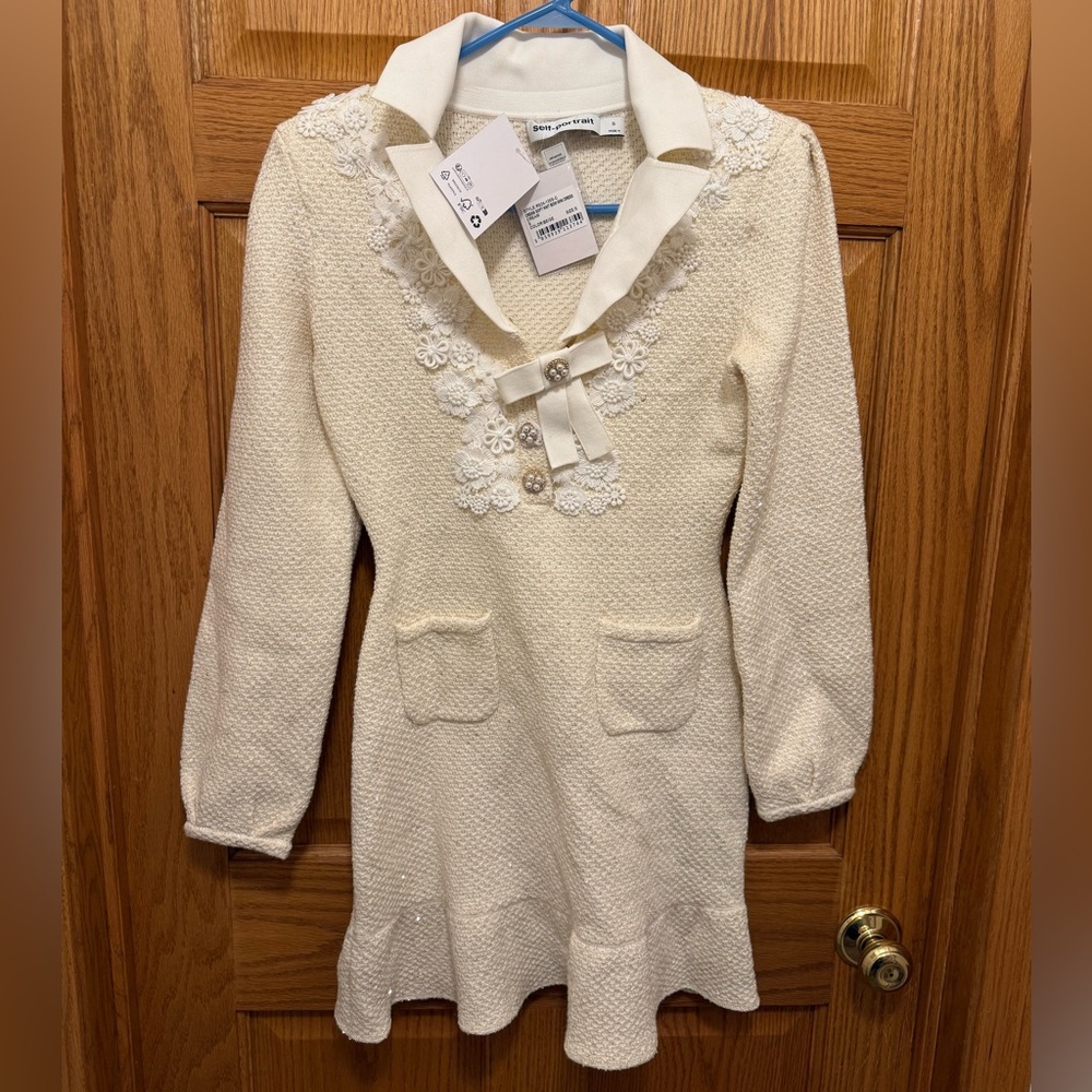 SELF PORTRAIT Cream Soft Knit Bow Mini Dress Size S - read desc